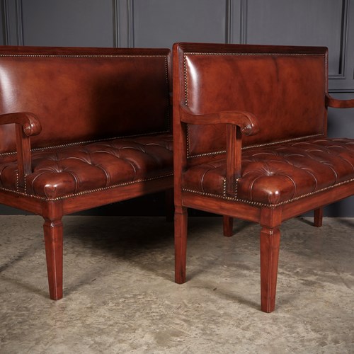 Rare Pair Of Regency Mahogany & Leather Hall Benches