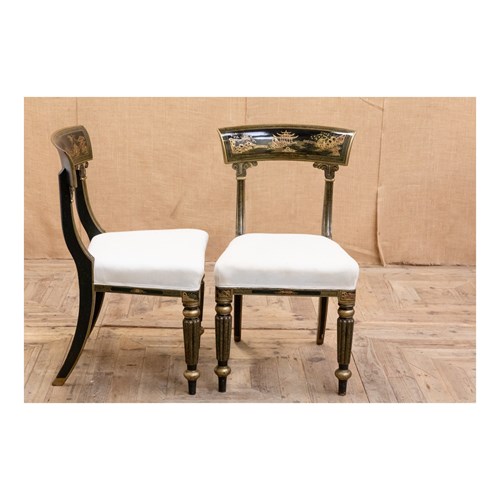 Pair Of Black Lacquered Chinoiserie Side Chairs
