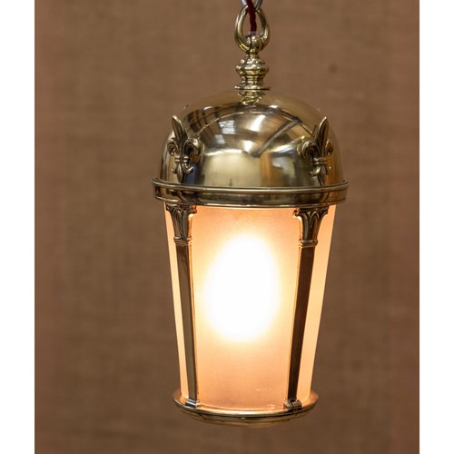 Edwardian Brass Hall Lantern With Opaque Glass 