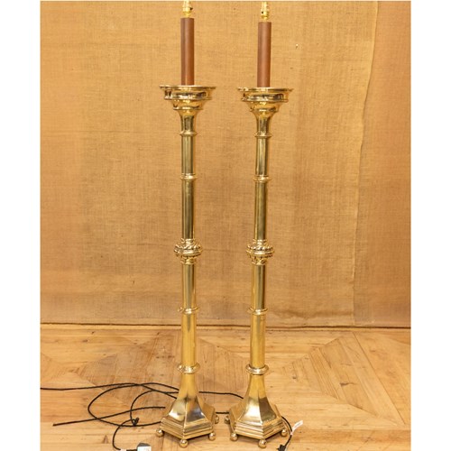Large Pair Of Brass Gothic Candlesticks Converttred To Standard Lamps 