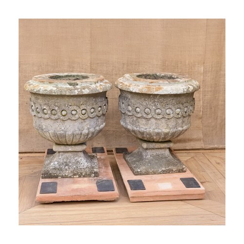 Pair Of 19Th Century Carved Limestone Urns