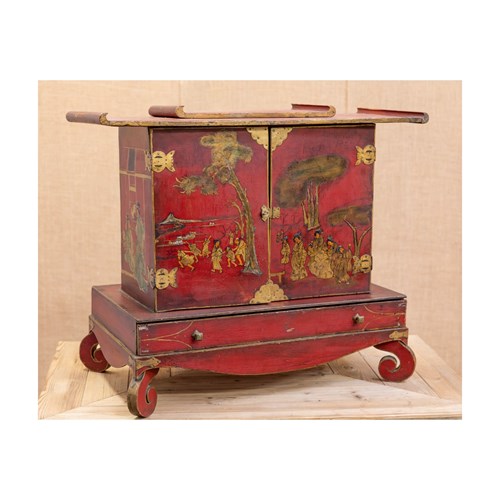 Red Chinoiserie Lacquered Table Cabinet