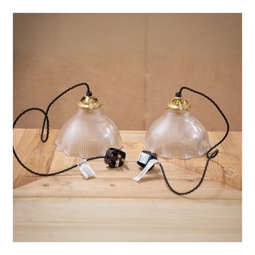 Pair Of Fluted Hollophane Pendants