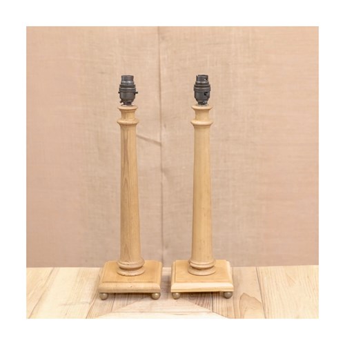 Pair Of Pine Column Table Lamps