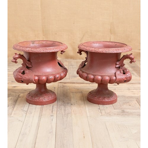 Pair Of Cast Iron Dragon Urns
