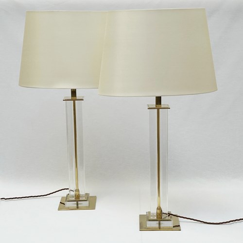 Pair Of Lucite And Brass Lamps