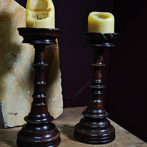 19Th Century Oak Candlesticks 