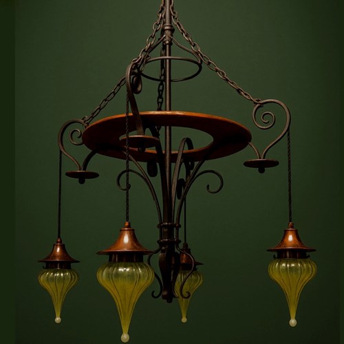 Arts And Crafts Copper And Wrought Iron Chandelier
