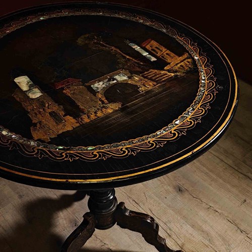 Napoleon III Papier Maché Tilt Top Table Inlaid Mother Of Pearl