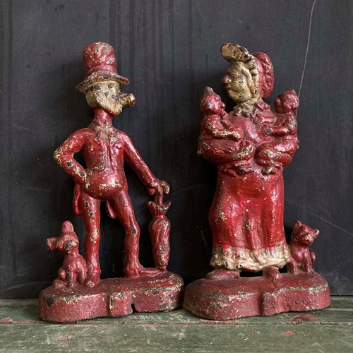 Pair Of Cast Iron Door Stops - Ally Sloper And Wife