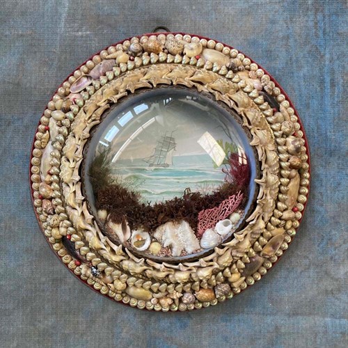 Antique Sailor's Shell Valentine - 'Listing Sailship'