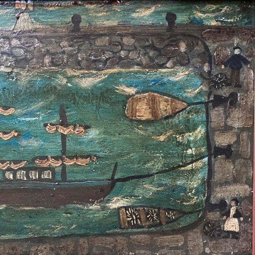 Naive 19Th C. Oil Painting - Cornish Harbour