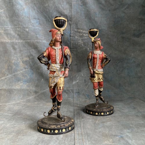 19Th C. Cold-Painted Spelter Figures With Candlesticks