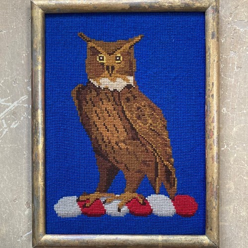 19Th C. Owl Woolwork Embroidery