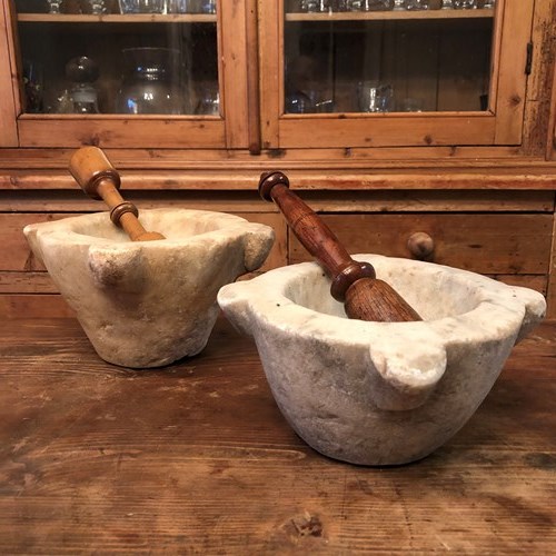 Two Marble Mortars And Pestles