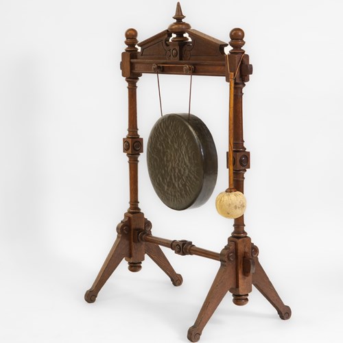19Th Century Oak Floor Standing Dinner Gong & Striker 1870