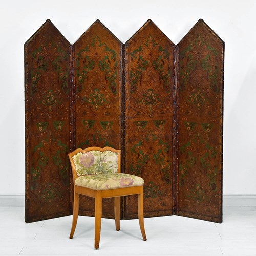 Antique 19Th Century Embossed Leather Four Fold Screen