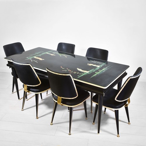 Umberto Mascagni Chinoiserie Mid Century Dining Table & Six Chairs