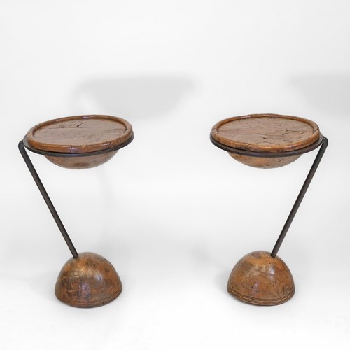 C.1990 Superb Pair Burr Oak & Steel Side Tables By Sculptor Philip Hearsey 