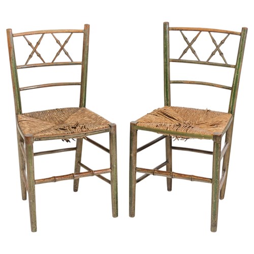 Pair Regency Faux Bamboo Painted Green Side Chairs Circa 1820