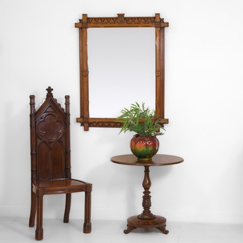 Antique Gothic Revival Oak Trefoil Wall Mirror