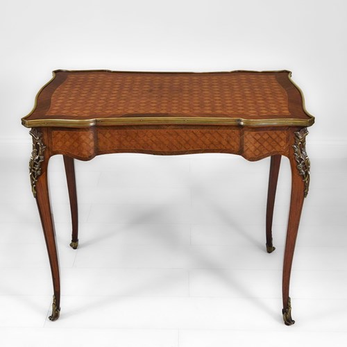 French Kingwood Parquetry & Gilt Metal Side Table Desk With Drawer