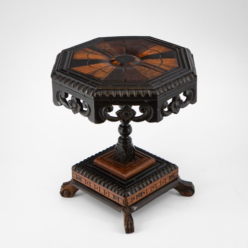 Rare Antique Ebony And Specimen Wood Ceylonese Miniature Octagonal Table
