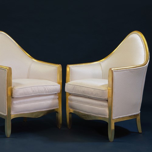 Pair Antique French 24K Gold Leaf Giltwood Bergère Armchairs