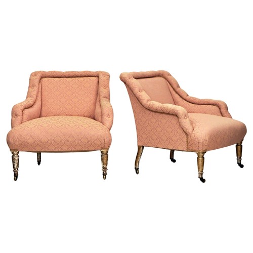 Pair Late 19Th Century Mellier & Co Upholstered & Giltwood Armchairs 