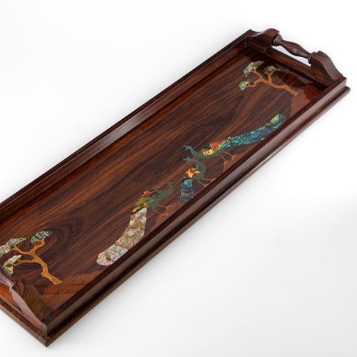 1920'S Rosewood & Mother Of Pearl Inlaid Peacocks Narrow Serving Tray 1920'S