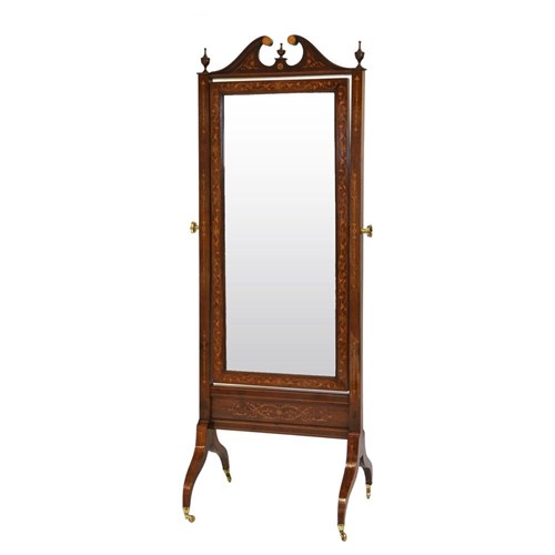 Antique Sheraton Revival Inlaid Cheval Floor Mirror Circa 1900