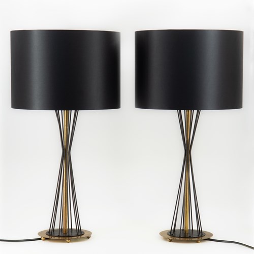 Pair Italian Black & Brass Diablo Table Lamps Circa 1950