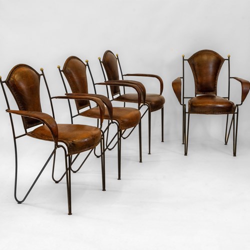 Set Of Four Mid Century French Leather & Iron Dining Chairs