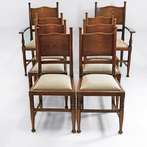 Set Of 8 William Birch Arts & Crafts Oak Dining Chairs For Waring And Gillow