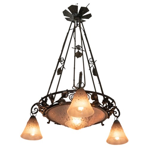 Muller Frères Signed Art Deco Pat De Verre Plafonnier & Wrought Iron Chandelier 