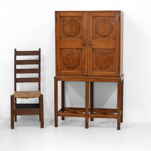 Cotswold School Oak Cabinet On Stand Circa 1920'S