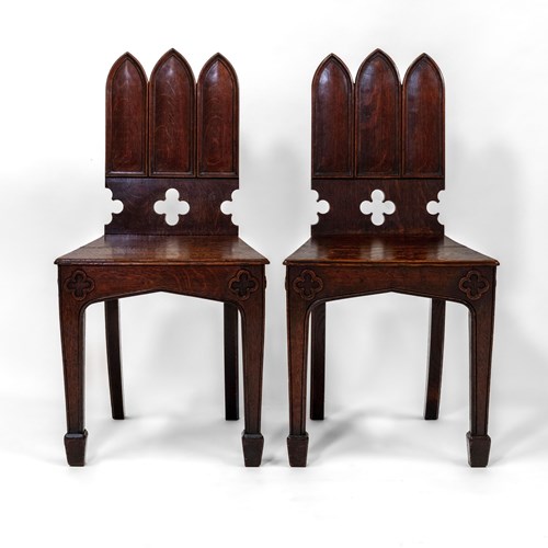 Pair Of Regency Gothic Revival English Oak Hall Chairs Circa 1825