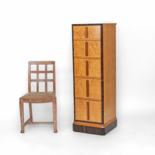 Art Deco Birds Eye Maple & Macassar Ebony Tall And Narrow Chest Of Drawers 1930S