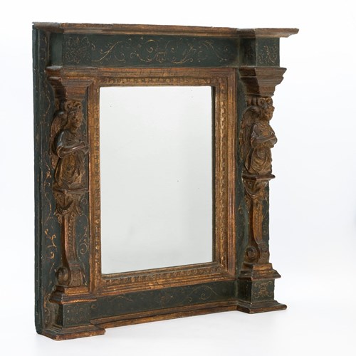18Th Century Italian Giltwood & Painted Wall Mirror With Caryatid Side Columns