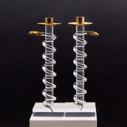 Alessandro Albrizzi Lucite & Brass Serpent Snake Candlesticks 1970S