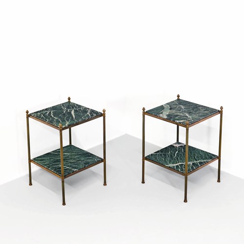 Pair Of Brass & Verde Antico Marble Etagere Side Tables Circa 1950