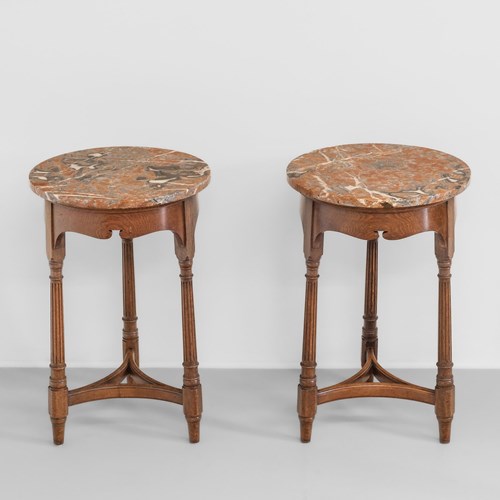 Pair Late 19Th Century Gillows Oak Occasional Side Tables With Marble Tops