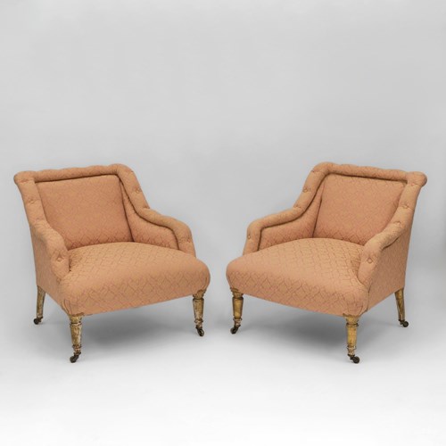 Pair Late 19Th Century Mellier & Co Upholstered & Giltwood Armchairs 