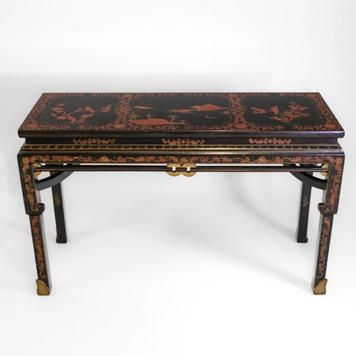 Mid 20Th Century Chinese Black Lacquered Chinoiserie Style Console Table 