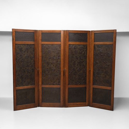 Arts And Crafts Oak Double Sided Folding Room Screen Divider Botanical Motifs