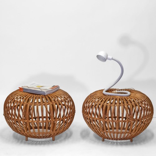 Pair Mid Century Franco Albini Large Rattan Cane 'Lobster Pot' Ottoman Stools