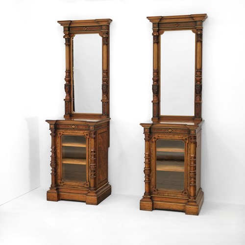 Pair Of Gillows Burr Walnut, Amboyna & Parcel Gilt Cabinets With Mirrors