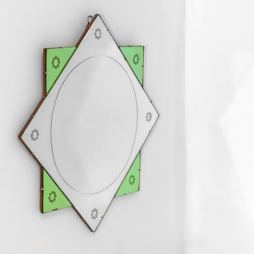Original English Art Deco Eight Pointed Wall Mirror Green 1930