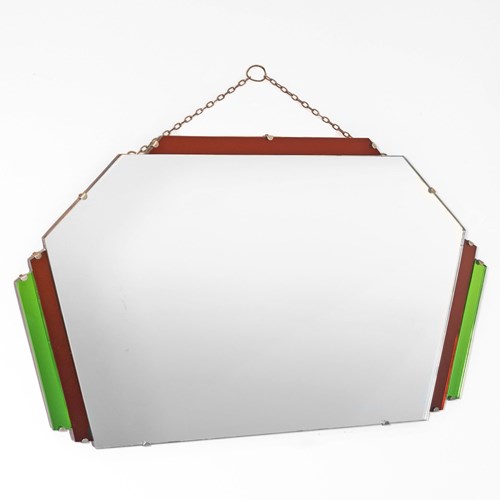 Original English Art Deco Geometric Wall Mirror Red Green 1930