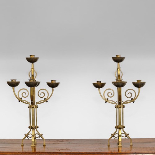 Pair 19Th Century Arts & Crafts Brass Candelabras
